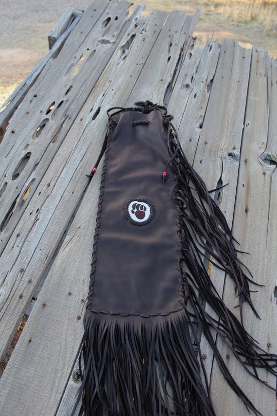 Fringed Leather Chanupa Bag, Beaded Bear Totem Pipe Bag - Etsy display picture 1
