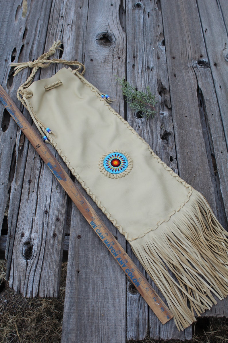 Beaded chanupa bag , Leather pipe bag , Fringed leather pipe bag image 7