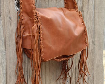 Rust Fringed Leather Shoulder Bag, Handmade