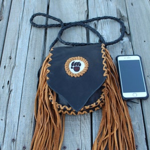 Fringed leather handbag, beaded bear paw, bear paw handbag, leather handbag, small size handbag, phone bag image 5