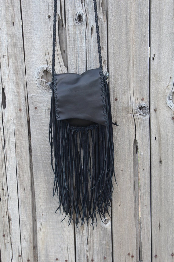 Black Fringed Leather Crossbody Bag Hobo Handbag Boho Bag Etsy
