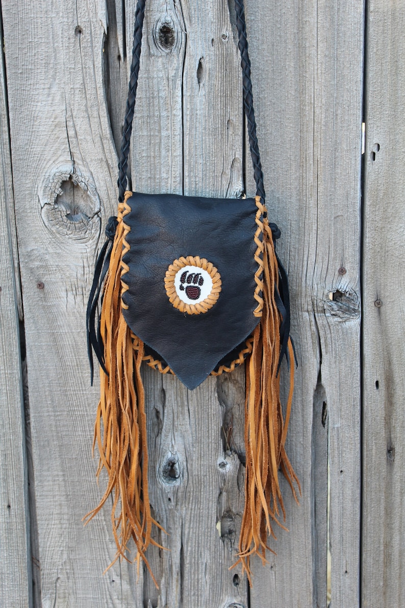 Fringed leather handbag, beaded bear paw, bear paw handbag, leather handbag, small size handbag, phone bag image 1