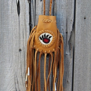 Fringed medicine bag with bear totem , Beaded amulet bag , leather necklace bag image 3