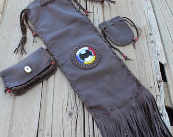 Beaded Buffalo Leather Pipe Bag Set, Medicine Tobacco Pouch