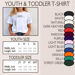 May include: A white youth t-shirt with size and color options. The image shows a child wearing the shirt, with measurements in inches for youth and toddler sizes. Available colors include black, white, and navy.