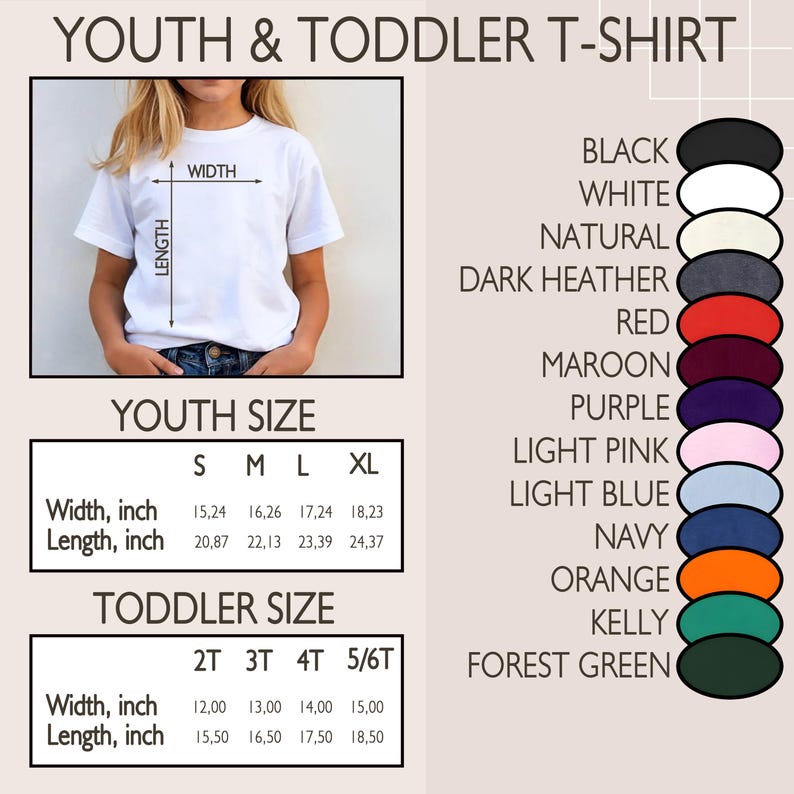 May include: A white youth t-shirt with size and color options. The image shows a child wearing the shirt, with measurements in inches for youth and toddler sizes. Available colors include black, white, and navy.