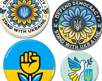 Support Ukraine & Defend Democracy Pinback Buttons – Anti-Authoritarian, Pro-Freedom, Human Rights Advocacy Pins