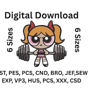 Powerpuff Girls Bubbles Weightlifting Embroidery Design , Cartoon Girl Machine Embroidery File , 6 Sizes , Instant Download