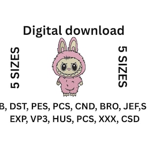 Design de bordado Labubu | Design de monstro | Arquivo de bordado de máquina monstro de desenho animado fofo | Download instantâneo | Formatos PES DST JEF VP3