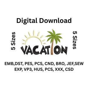Vacation Embroidery Design, Palm Tree and Sun Machine Embroidery File, Summer Beach Vibes Digital Download, DST PES JEF