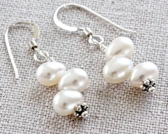 White Pearl Earrings, Pearl Dangle Earrings, Freshwater Pearl Earrings, Beaded Earrings, Real Pearl Jewelry, Sterling Silver Jewelry for Her