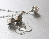 White Pearl Flower Necklace and Earring Set, Silver Jewelry, Anniversary Gifts