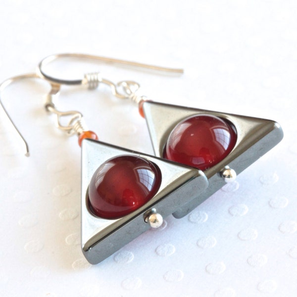 Triangle Earrings, Red Carnelian Earrings, Hematite Earrings, Sterling Silver Dangle Earrings, Geometric Jewelry, Hematite Jewelry for Women