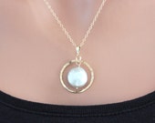 Large Coin Pearl Necklace with Gold Filled Circle, Modern Style, SRAJD