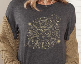 Boho Sun and Moon Graphic Tee: Vintage Celestial Astrology Shirt
