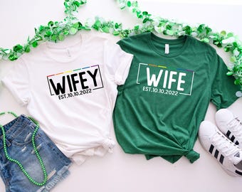 Lesbian Wife Rainbow Pride Custom Date Shirt, Lesbian Gay Bachelorette Party Shirts, Lesbian Mrs Wedding, Two Brides Wedding Engagement Gift