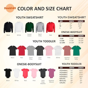 K&ouml;nnte beinhalten: Farb- und Gr&ouml;&szlig;entabelle f&uuml;r Sweatshirts f&uuml;r Jugendliche, T-Shirts f&uuml;r Kleinkinder und Bodys. Enth&auml;lt Gr&ouml;&szlig;en-, Breiten- und L&auml;ngenmessungen in Zoll f&uuml;r jedes Kleidungsst&uuml;ck. Verf&uuml;gbare Farben sind Schwarz, Wei&szlig;, Rot und verschiedene Grau-, Rosa- und Gr&uuml;nt&ouml;ne.