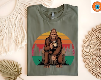 Vintage Bigfoot Drinks Coffee Shirt, Funny Sasquatch T-Shirt, Coffee Lover Yeti Shirt, Unisex Nature Shirt, Outdoor Shirt, Adventure Tshirt