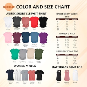 May include: Color and size chart for various t-shirts and tank tops. Includes unisex short sleeve t-shirts in white, black, red, and other colors. Women's V-neck and racerback tank top size charts are also shown.