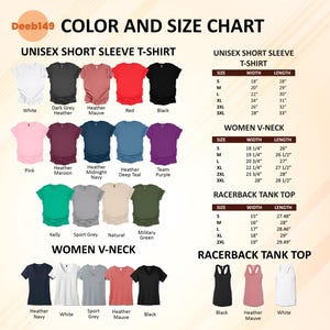 May include: Color and size chart for various t-shirts and tank tops. Includes unisex short sleeve t-shirts in white, black, red, and other colors. Women's V-neck and racerback tank top size charts are also shown.