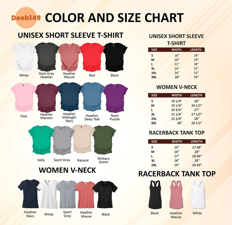 May include: Color and size chart for various t-shirts and tank tops. Includes unisex short sleeve t-shirts in white, black, red, and other colors. Women's V-neck and racerback tank top size charts are also shown.