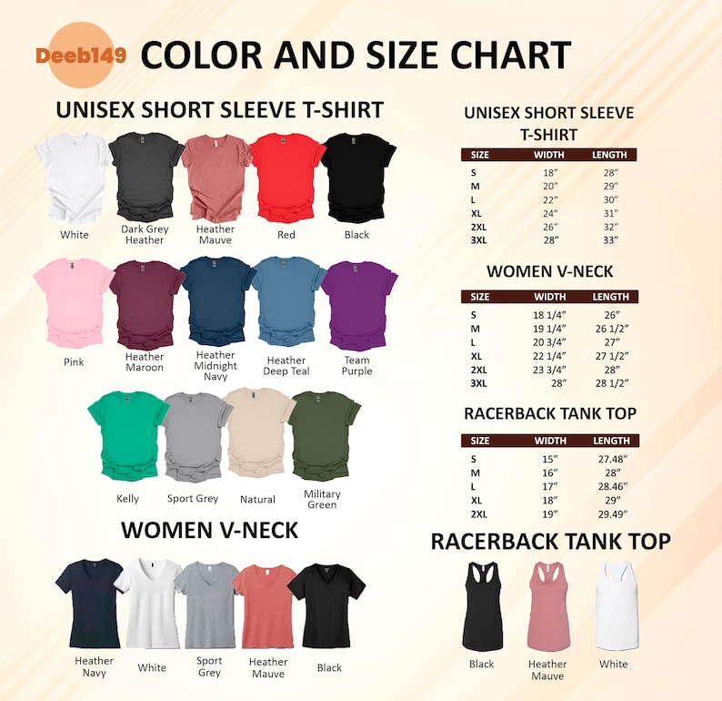 K&ouml;nnte beinhalten: Farb- und Gr&ouml;&szlig;entabelle f&uuml;r verschiedene T-Shirts und Tanktops. Enth&auml;lt Unisex-T-Shirts mit kurzen &Auml;rmeln in verschiedenen Farben. Gr&ouml;&szlig;entabellen f&uuml;r Damen-V-Ausschnitt und Racerback-Tanktops sind ebenfalls abgebildet.