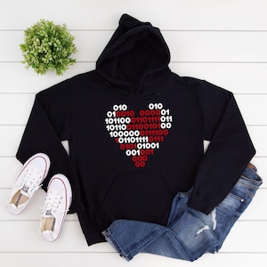 Binary Love Code Sweatshirt, Computer Geeks Heart T-Shirt, Binary Coded Heart Hoodie, I Love You Binary Code Shirt image 3