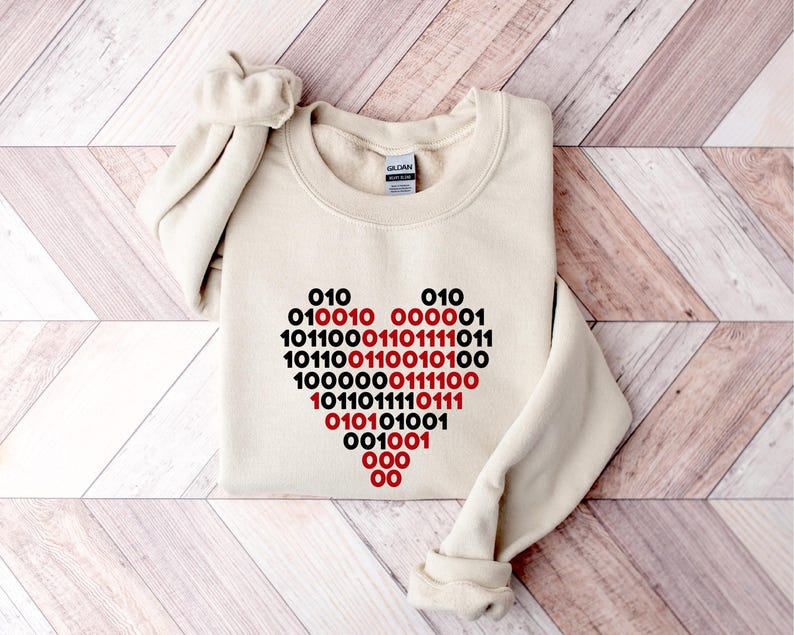 Binary Love Code Sweatshirt, Computer Geeks Heart T-Shirt, Binary Coded Heart Hoodie, I Love You Binary Code Shirt image 1