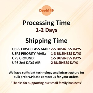 May include: A graphic with the text "Processing Time 1-2 Days" and "Shipping Time." Below are shipping options: USPS First Class Mail, USPS Priority Mail, UPS Ground, and UPS 2nd Days Air. The image also includes a small family business thank you message.