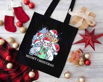 Meowy Christmas Tote Bag, Christmas Cats Shopping Tote Bag, Xmas Cats Grocery Bag, Meowy Christmas Gift Bag