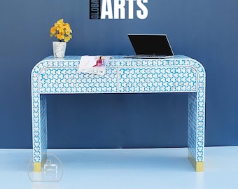 Handcrafted Inlay Console Table with 2 Drawers, Waterfall Edge Entryway Desk, Bone Inlay Makeup Vanity, Boho Luxury Home Decor