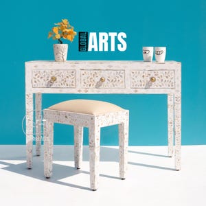 Handmade Mother of Pearl White Vanity Table Set with Stool | Elegant 3-Drawer Dressing Table | Artistic Inlay Makeup Desk for Chic Bedrooms