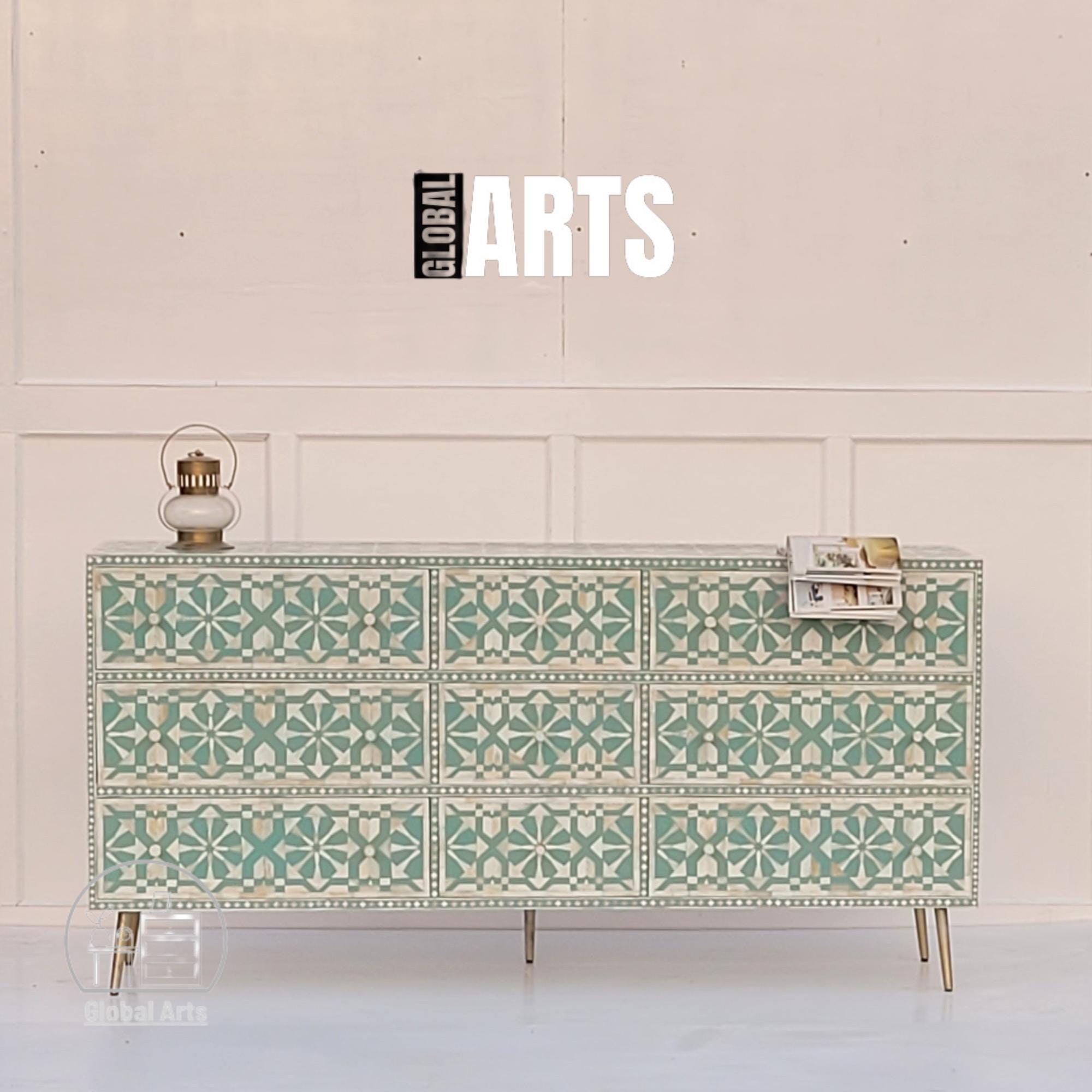Green Bone Inlay Chest, 9 Drawer Handmade Storage Cabinet, Moroccan-Inspired Boho Sideboard, Wooden Organizer for Living Room or Entryway