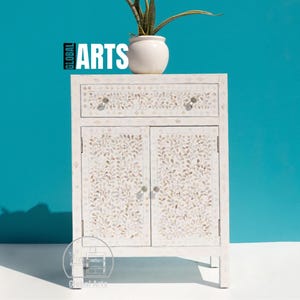 Handmade Mother of Pearl Inlay Cabinet | 1 Drawer 2 Door Storage Sideboard | Luxury Bone Inlay Buffet | Boho Entryway or Accent Furniture”