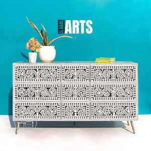 Handmade Mother of Pearl Floral Sideboard Featuring 9 Spacious Drawers | Chic Black Painted Chest, Antique-Inspired Dresser, Entryway Buffet