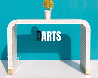 Modern U-Shape Handmade Bone Inlay Console Table, Waterfall Design for Entryway or Study, Striped Pattern Hallway Table, Statement Furniture
