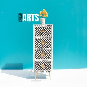 Handcrafted Bone Inlay Tallboy Dresser | Black Mother of Pearl Storage Tower | Slim Corner Cabinet | Boho Lingerie Dresser with Drawers