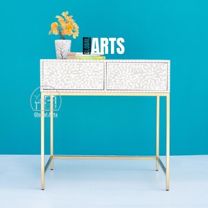 Artisan Bone Inlay Entryway Console Table | Stylish Makeup Vanity, Long Dressing Table, Narrow Farmhouse Sofa Table, Chic Home Decor Piece