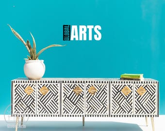 Handcrafted Bone Inlay Sideboard, Black TV Console, 6-Door Media Cabinet with Storage, Entertainment Unit, Boho TV Stand, Artistic Credenza