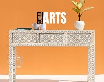 Handcrafted Bone Inlay Office Desk | Modern Writing Desk with Drawer, Entryway Console, Computer Table, Dressing Table, Live Edge Furniture