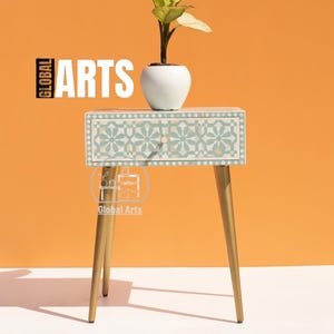 Handcrafted Bone Inlay Nightstand with 1 Drawer – Unique Wooden Bedside & Sofa Side Table, Elegant End Table, Stylish Decor for Living Room