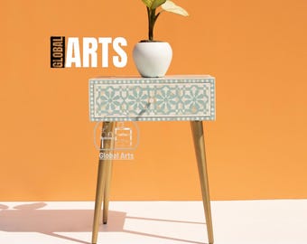 Handcrafted Bone Inlay Nightstand with 1 Drawer – Unique Wooden Bedside & Sofa Side Table, Elegant End Table, Stylish Decor for Living Room