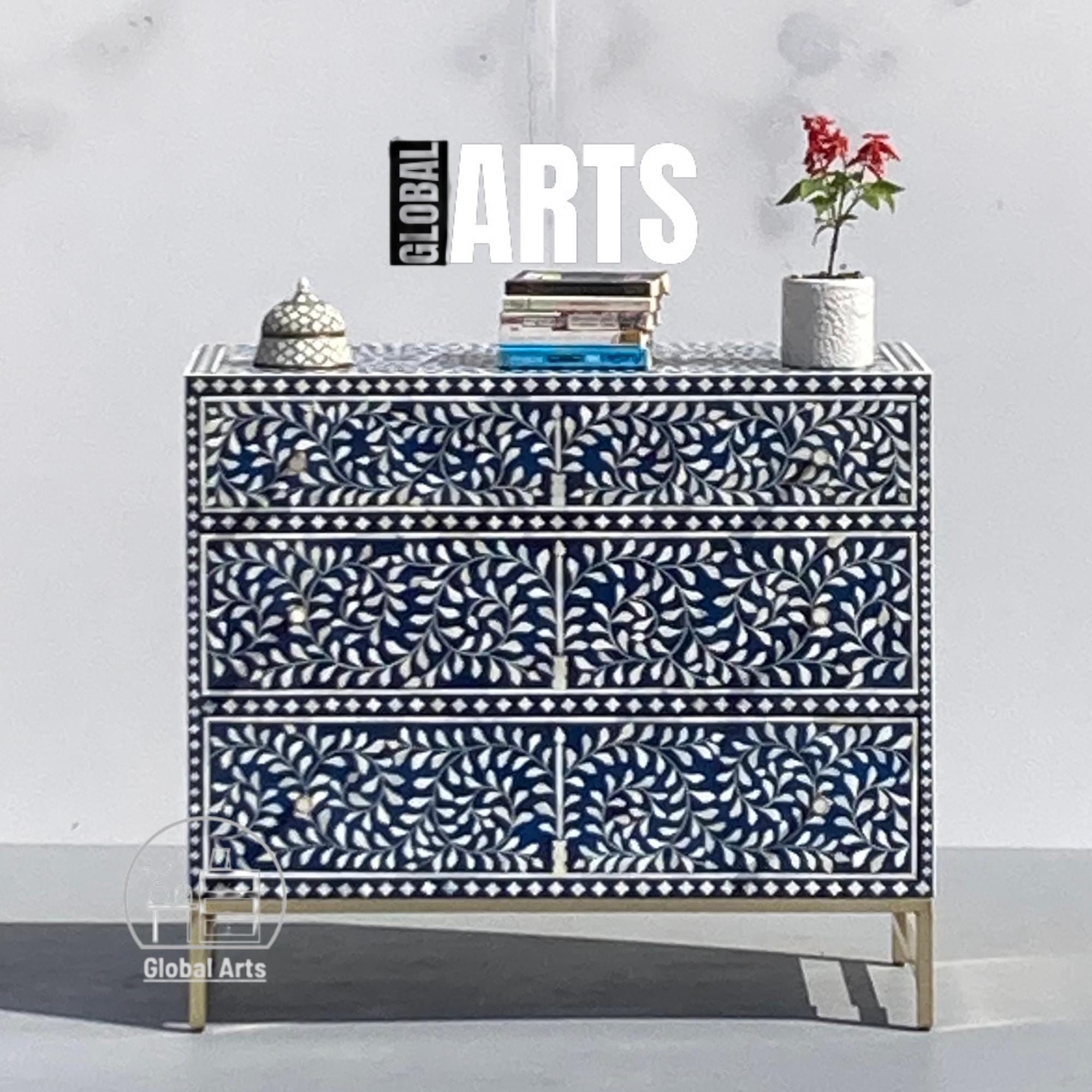 Wide Blue Bone Inlay Storage Cabinet | 3 Drawer Floral Chest | Artistic Handmade Sideboard | Antique-Style Dresser | Statement Home Decor