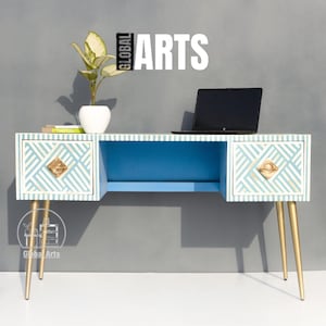 Handcrafted Bone Inlay Office Desk | Artistic Bohemian Study Table with Storage Drawers | Modern Bone Inlay Work Desk for Stylish Home