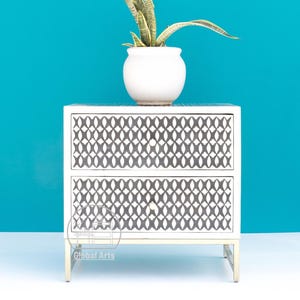 Handmade Bone Inlay Bedside Table with Geometric Design | 2 Drawer Nightstand | Small Cabinet | Boho Sofa Side Table | Unique Art Furniture