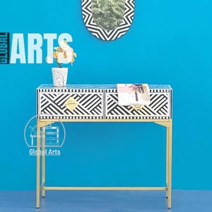Bone Inlay Narrow Console Table | Handmade Boho Side Table for Entryway or Bedroom | Slim Dressing Table | Makeup Vanity with Drawers