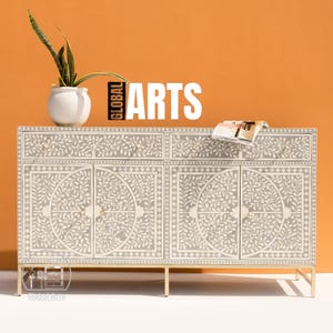 Handmade Grey Bone Inlay Sideboard Cabinet | Floral Media Console | Large Living Room Credenza | Wooden Buffet Storage Cupboard Decor