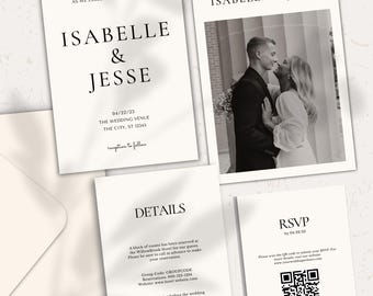 Modern Wedding Invitation Template Set | Classic Minimalist Wedding Invite | Editable Canva Invitation Suite with RSVP | Instant Download