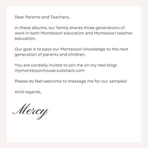 May include: A letter addressed to parents and teachers, sharing information about Montessori education and a new blog. The letter includes the website address mymontessorihouse.substack.com and a handwritten signature, "Mercy".