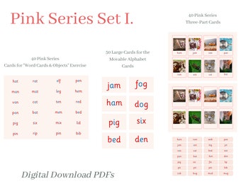 Montessori INTRO to the Pink Series: Three-Part Picture and Word Cards, Large Cards for the Movable Alphabet